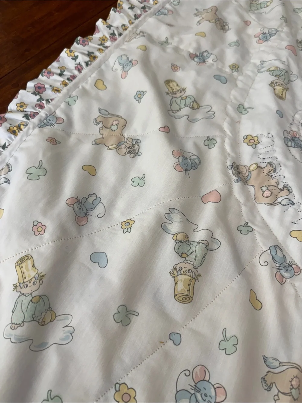 Vintage Precious Moments Quilted Baby Blanket with Ruffle Trim approx 50inX34in